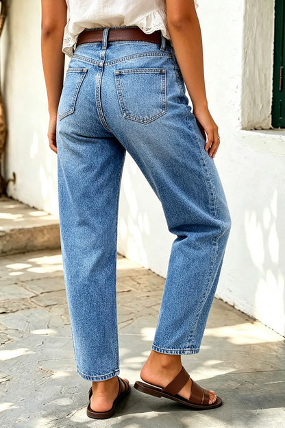 Wash Front Button Ripped Mid Waist Barrel Leg Crop Jeans Without Belt