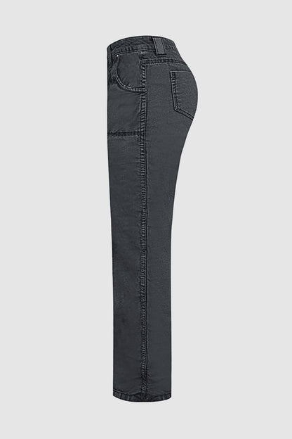 Solid Stitch Detail Mid Rise Straight Leg Cargo Pants Without Belt