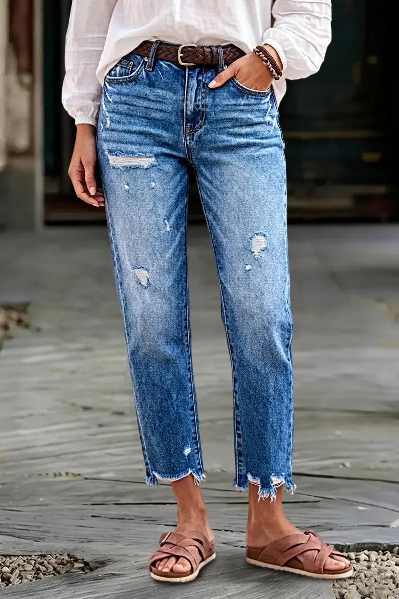 Wash Ripped Raw Hem Mid Rise Straight Leg Crop Jeans Without Belt