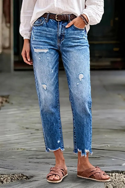 Wash Ripped Raw Hem Mid Rise Straight Leg Crop Jeans Without Belt