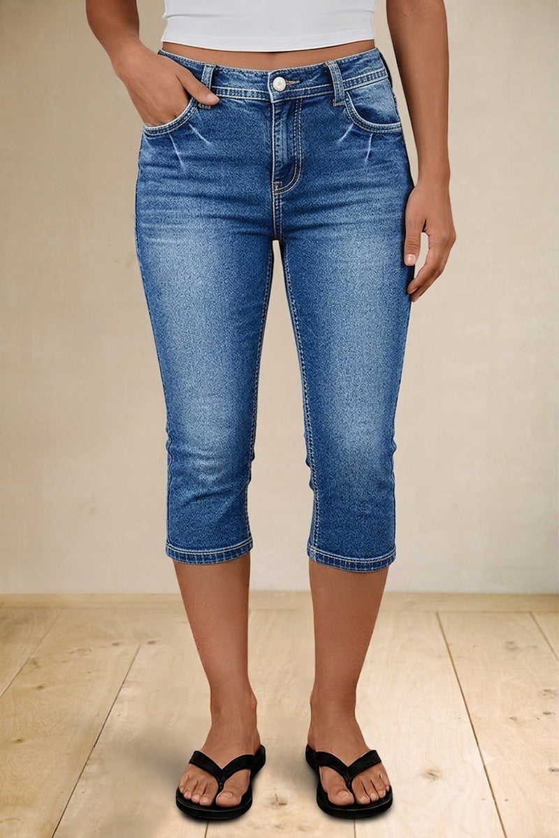 Wash Floral Embroidered Pocket Back High Rise Capri Skinny Jeans