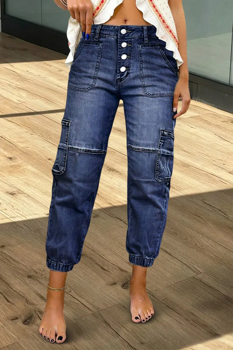 Multi Pocket Button Fly Mid Rise Straight Leg Crop Jeans Without Belt