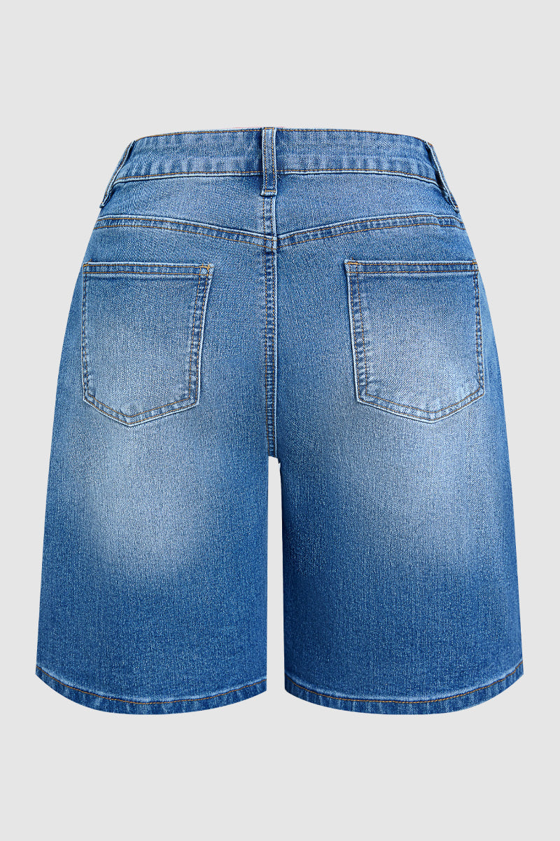 Wash Flap Decor Stitch Detail Mid Waist Denim Bermuda Shorts Without Belt
