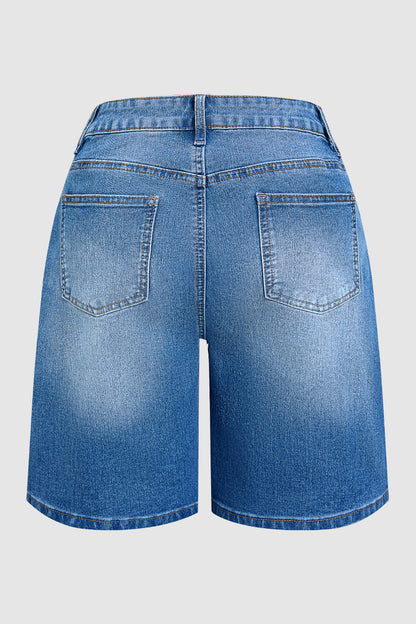 Wash Flap Decor Stitch Detail Mid Waist Denim Bermuda Shorts Without Belt
