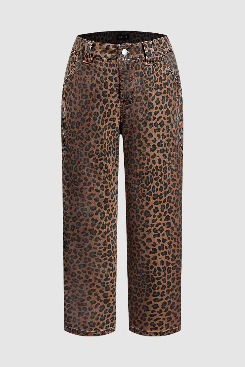 Leopard Print Seam Detail Mid Rise Straight Leg Crop Pants