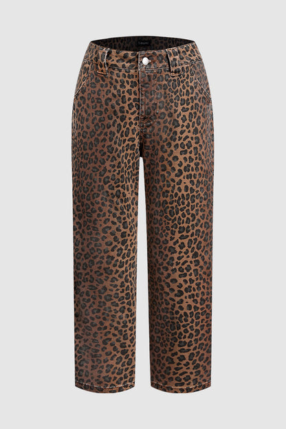 Leopard Print Seam Detail Mid Rise Straight Leg Crop Pants
