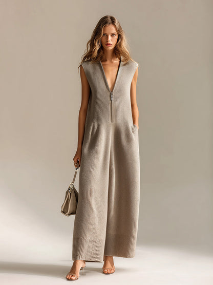 Chic Elegant Camel Deep V-Neck Zipper-Front Sleeveless Oversize Ribbed Knit Jumpsuit