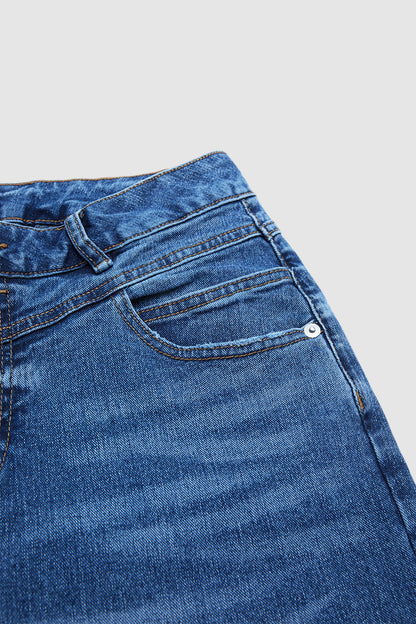 Wash Dual Button Mid Waist Straight Leg Crop Jeans
