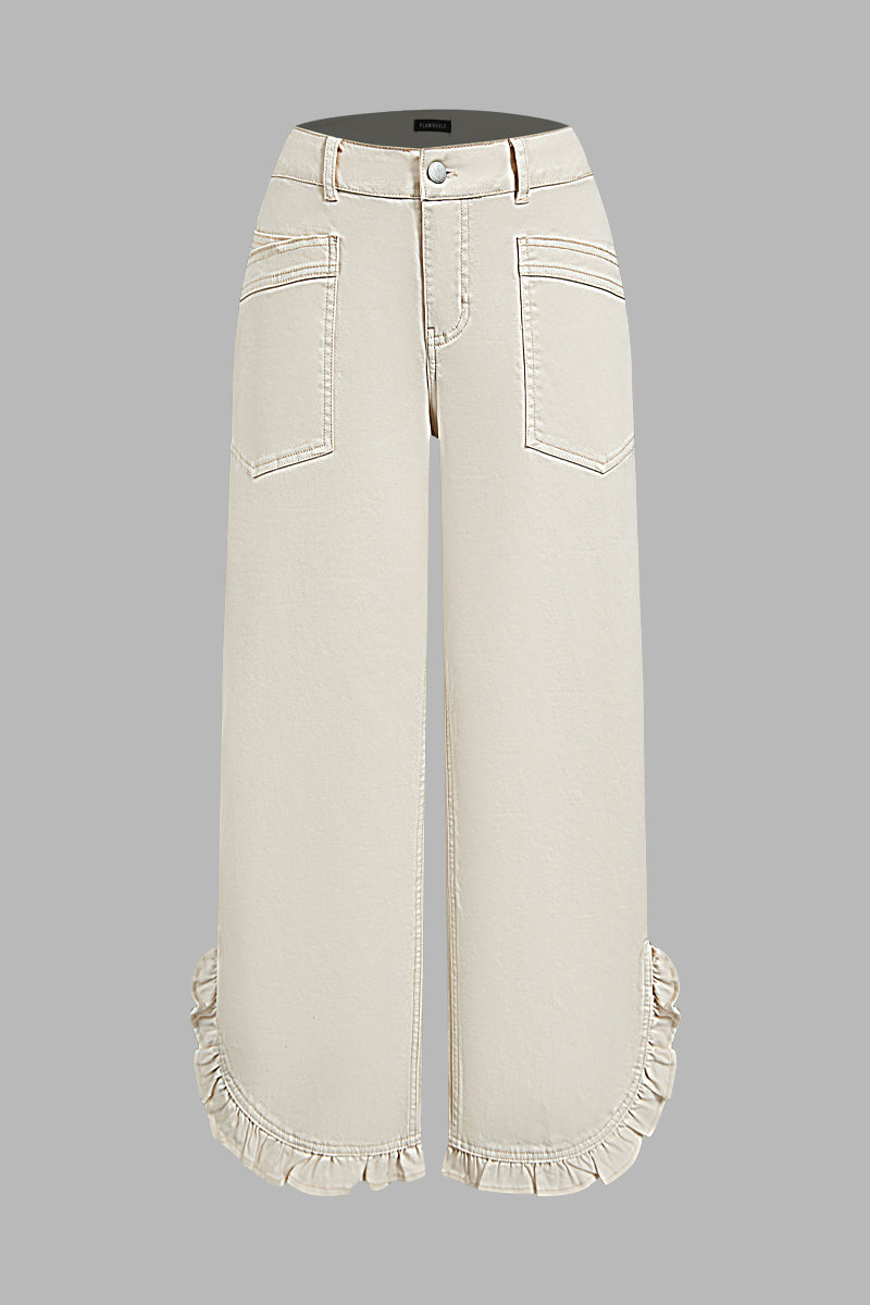 Solid Patch Pocket Ruffle Hem Mid Waist Wide Leg Pants
