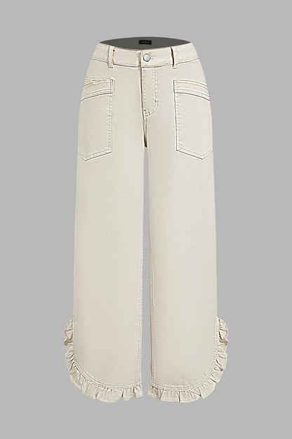 Solid Patch Pocket Ruffle Hem Mid Waist Wide Leg Pants