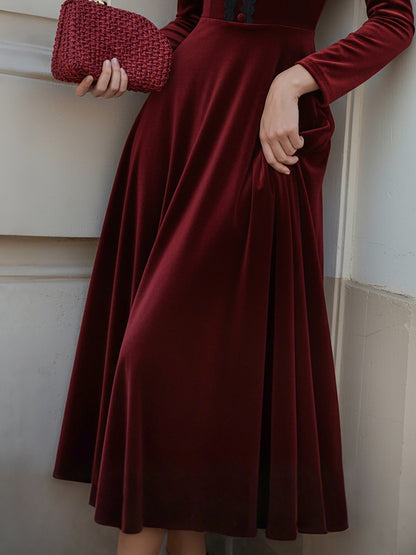 Robe mi-longue en coton, Manches longues, Col montant, Unie, Dentelle, Vintage français, Rouge vin