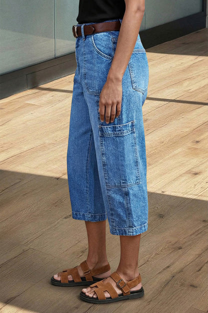 Wash Pocket Side Mid Waist Barrel Leg Capri Jeans Without Belt