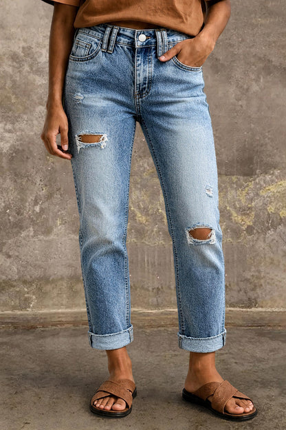 Wash Ripped Roll Hem Mid Rise Straight Leg Crop Jeans