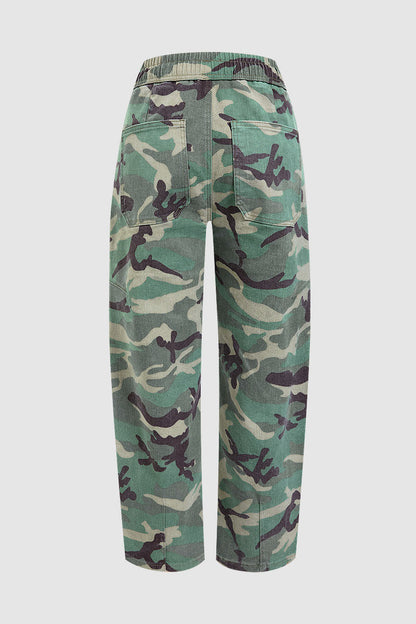 Camo Drawstring Mid Waist Barrel Leg Crop Pants
