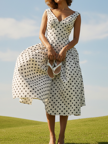 Robe midi en lin, sans manches, col en V, à pois, style vintage français, blanche