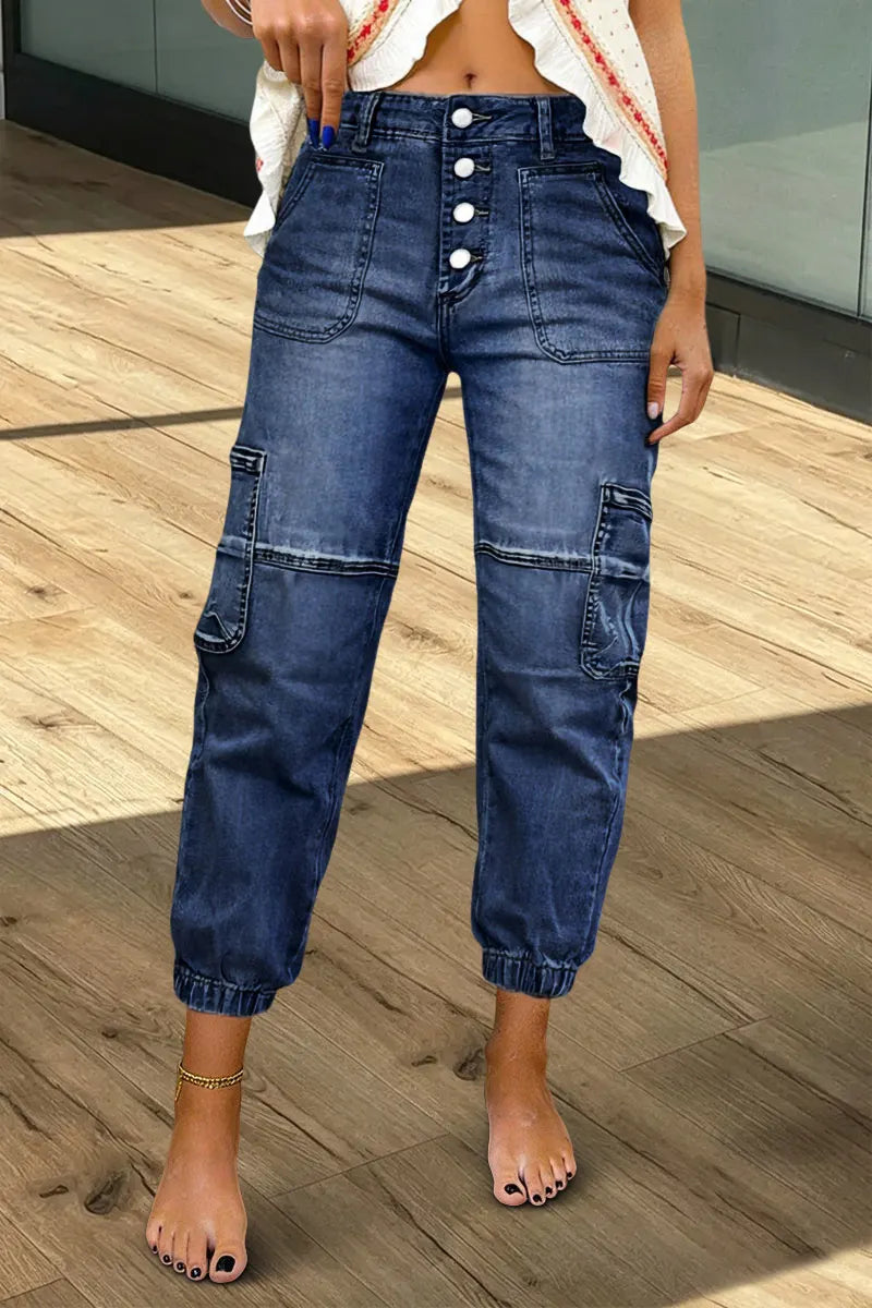 Multi Pocket Button Fly Mid Rise Straight Leg Crop Jeans Without Belt
