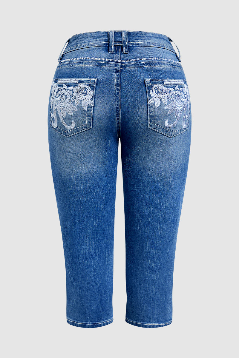 Wash Floral Embroidered Pocket Back High Rise Capri Skinny Jeans