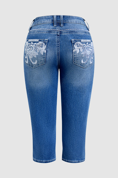 Wash Floral Embroidered Pocket Back High Rise Capri Skinny Jeans