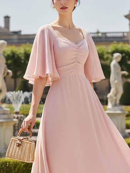 Robe longue en coton, Manches courtes, Encolure Cœur, Unie, Volants, Vacances, Vintage, Rose clair