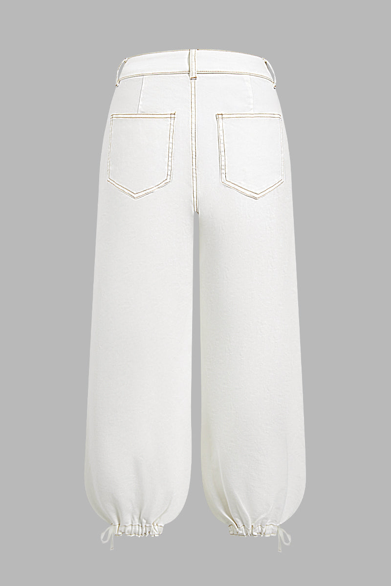 Solid Drawstring Stitch Detail Pleated Mid Waist Wide Leg Crop Pants Without Belt