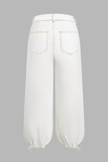 Solid Drawstring Stitch Detail Pleated Mid Waist Wide Leg Crop Pants Without Belt
