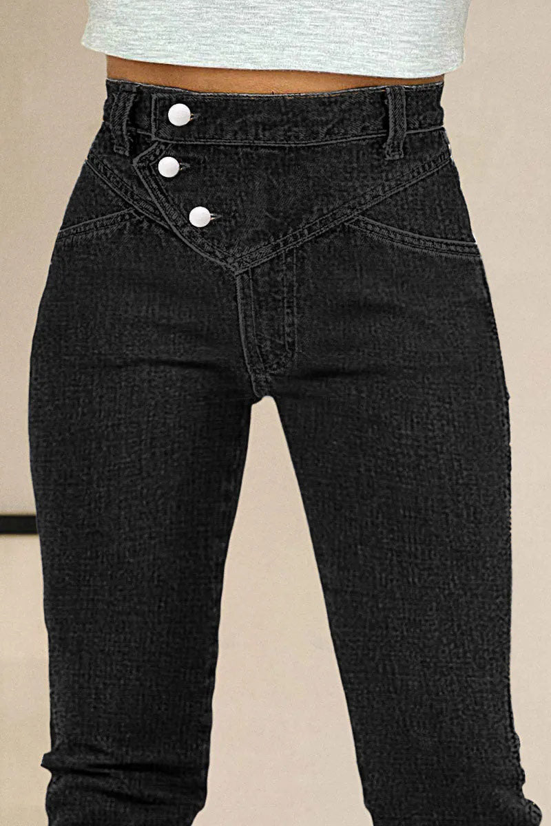 Wash Stitch Detail Button Up High Rise Bootcut Jeans