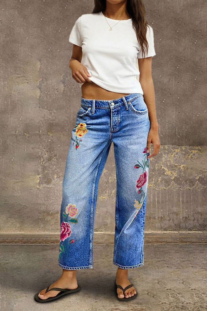 Wash Floral Embroidery Mid Rise Straight Leg Crop Jeans