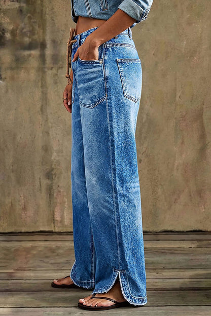 Drawstring Raw Hem Split Mid Waist Wide Leg Jeans