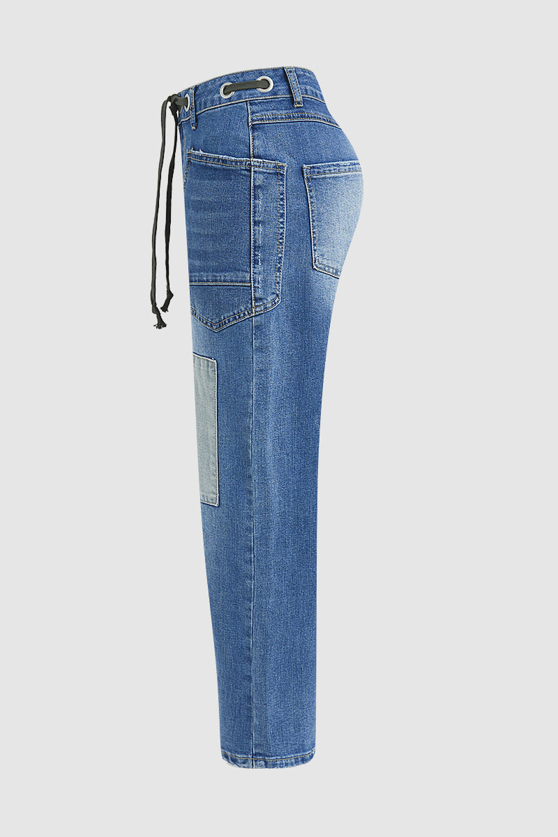 Drawstring Patch Pocket Mid Waist Barrel Leg Jeans