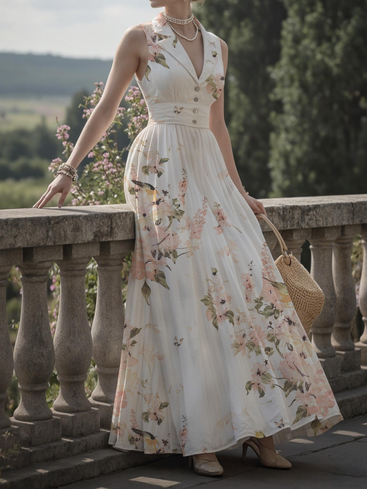 Robe longue en lin, col châle, boutonnée, style cottagecore, sans manches, mélange de lin, blanche, imprimé végétal