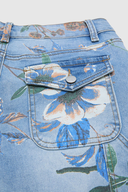 Wash Floral Print Flap Pocket Mid Rise Barrel Leg Crop Jeans