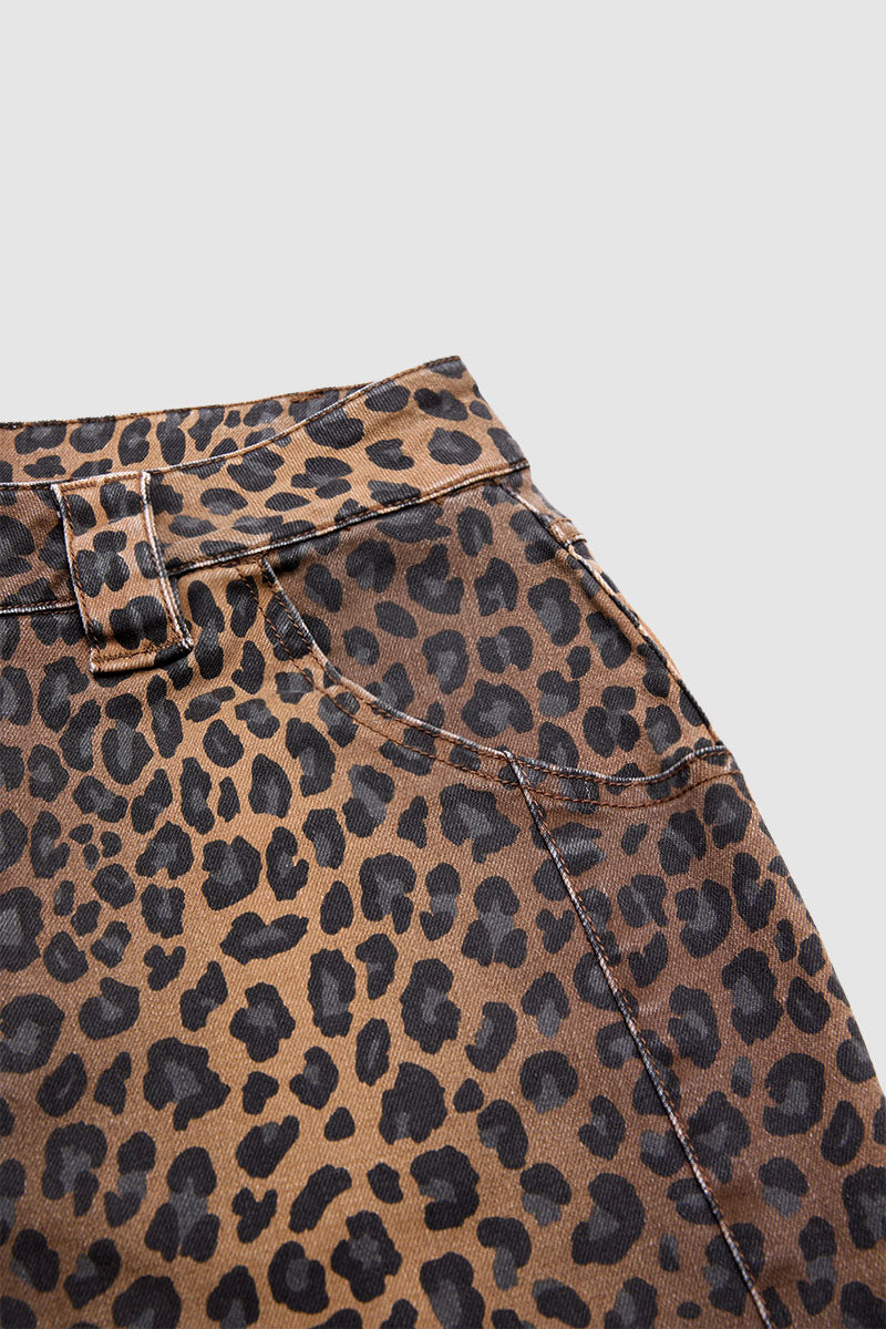 Leopard Print Seam Detail Mid Rise Straight Leg Crop Pants