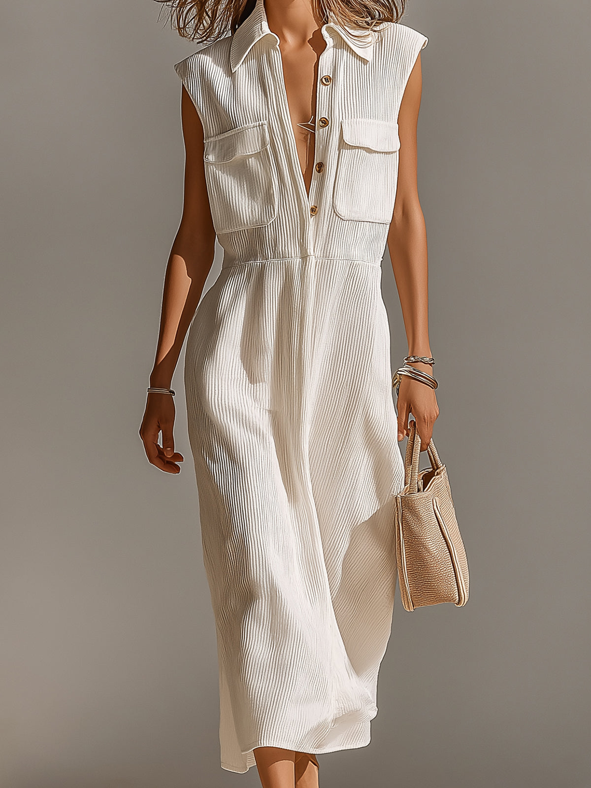 Chic Elegant Cream White Lapel Collar Button-Front Chest Pockets Sleeveless Loose-Fit Ribbed Knit Maxi Dress