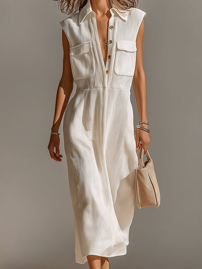 Chic Elegant Cream White Lapel Collar Button-Front Chest Pockets Sleeveless Loose-Fit Ribbed Knit Maxi Dress