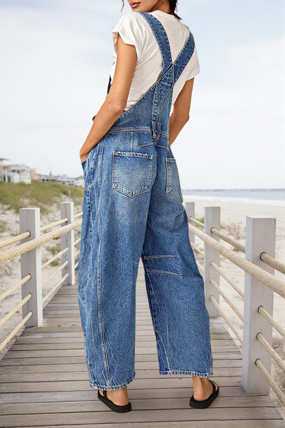 Stitch Detail Button Side Barrel Leg Denim Crop Overalls