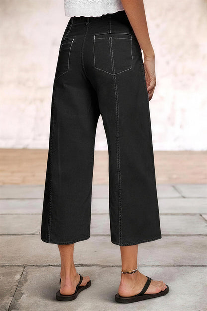 Contrast Stitch Mid Rise Wide Leg Crop Pants