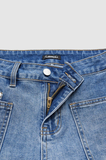 Valentine's Day Pattern Embroidered Patch Pocket Mid Rise Straight Leg Jeans Without Belt