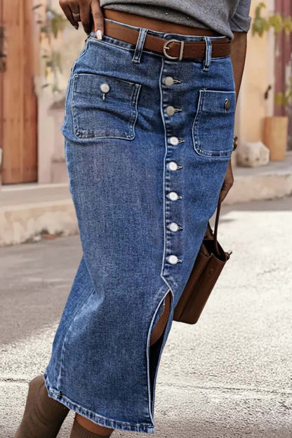 Wash Split Hem Button Up Midi Denim Skirt Without Belt