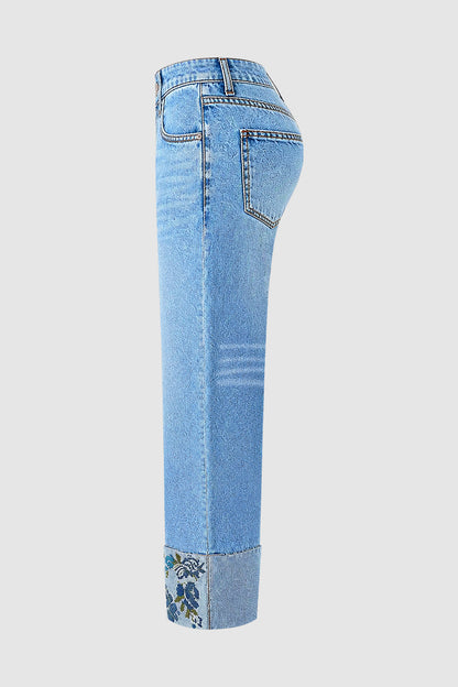 Wash Floral Embroidery Roll Hem Mid Rise Straight Leg Jeans