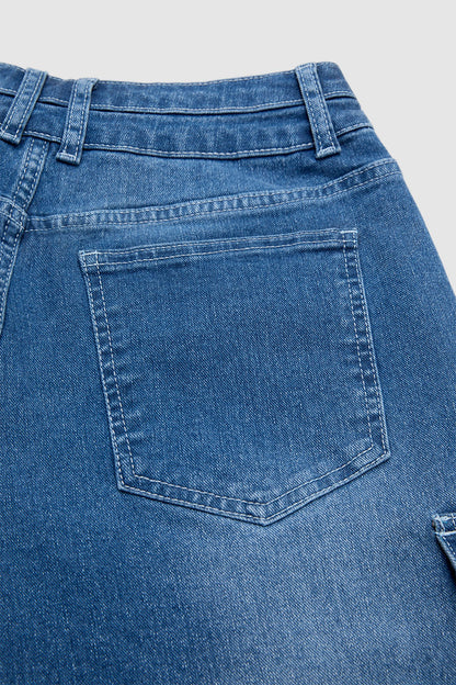 Wash Flap Pocket Dual Button Mid Rise Cargo Denim Bermuda Shorts
