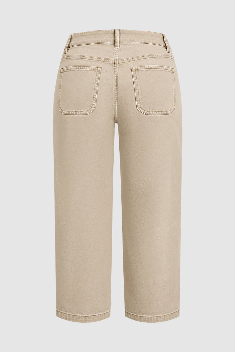 Solid Patch Pocket Mid Rise Straight Leg Crop Pants