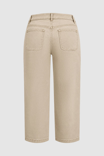 Solid Patch Pocket Mid Rise Straight Leg Crop Pants