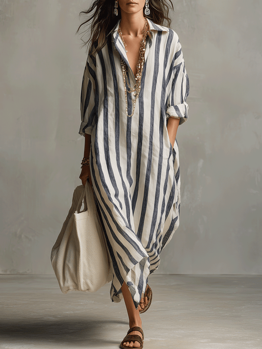 Chemise rayée décontractée Robe longue style bohème