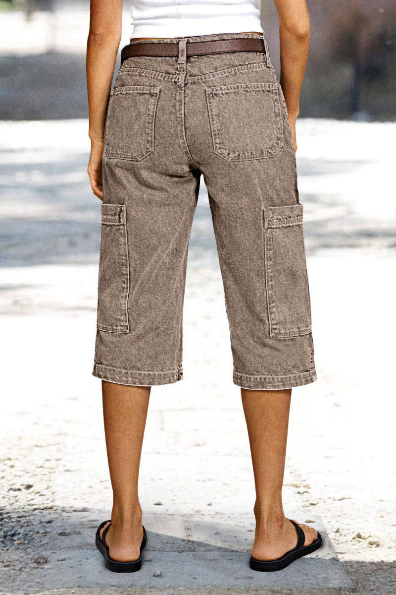 Stitch Detail Side Pocket Mid Waist Straight Leg Capri Pants Without Belt