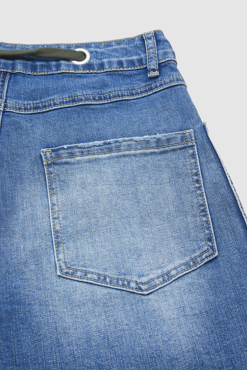 Drawstring Patch Pocket Mid Waist Barrel Leg Jeans