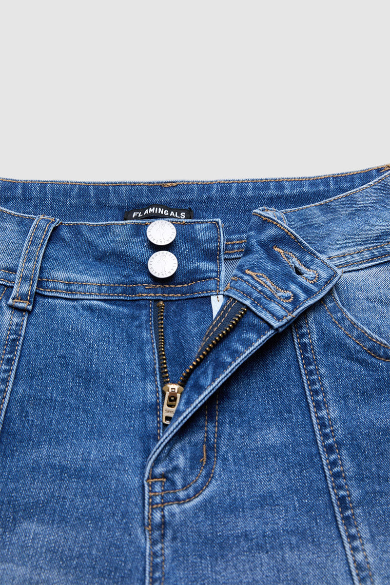 Wash Stitch Detail Mid Waist Denim Mid Thigh Shorts