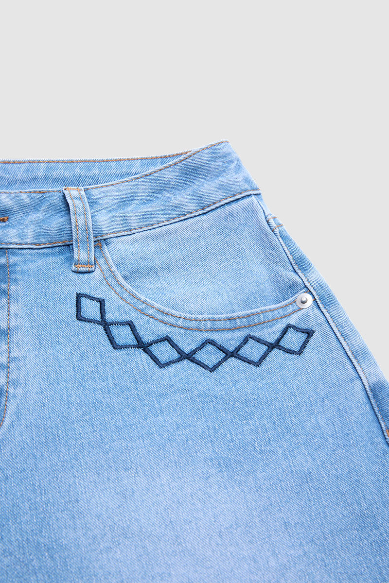 Wash Plant Embroidery Mid Waist Barrel Leg  Jeans