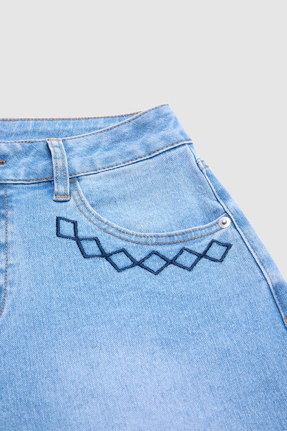 Wash Plant Embroidery Mid Waist Barrel Leg  Jeans