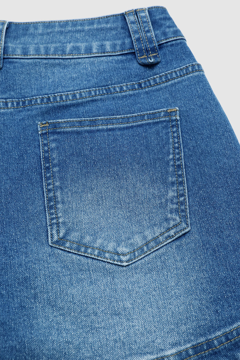 Wash Split Studded Mid Waist Denim Shorts