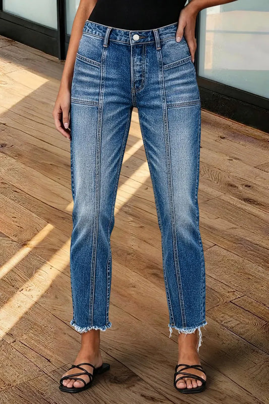 Wash Raw Hem Stitch Detail Mid Waist Straight Leg Cropped Jeans